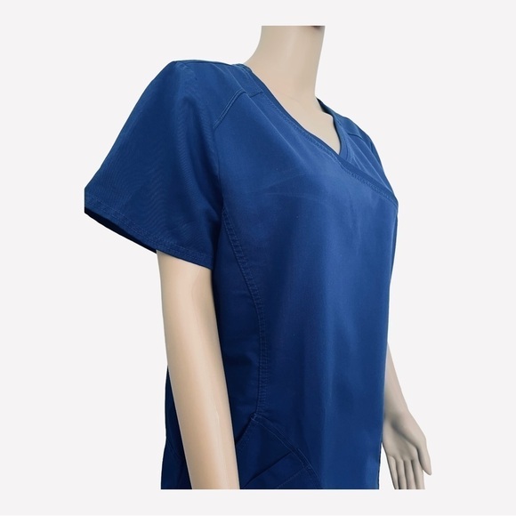 SCRUBS medical scrub top deep blue V-neck shot sleeves double pockets Women M - Picture 2 of 14